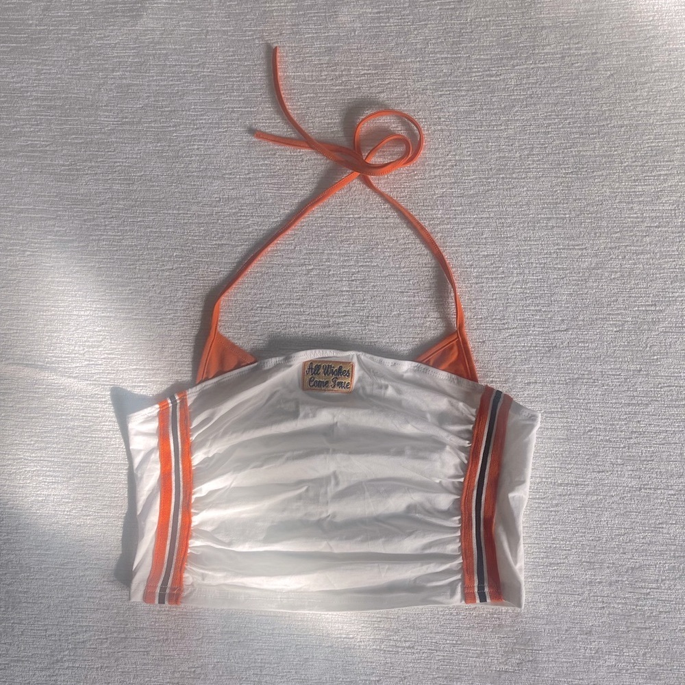 White Y2K Halter Crop Top with Orange & Black Stripe Detail - Extra Large